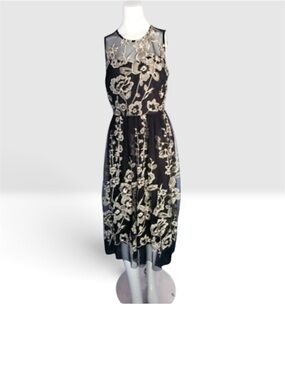 BEIGE BY ECI Black Sheer Floral Golden Beige Embroidery overlay Mesh Dress 8p